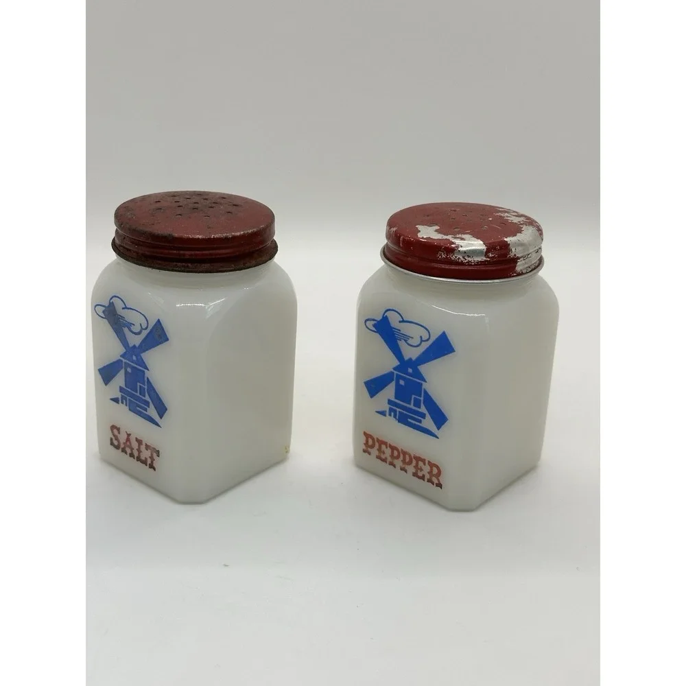Vintage Hazel Atlas White Milk Glass Dutch Windmill Salt &Pepper Shaker Red Lids